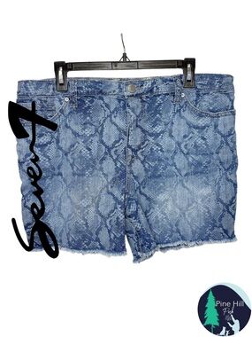 Seven7 Snakeskin Print Denim Shorts Blue Raw Hem Stretch Size 16
